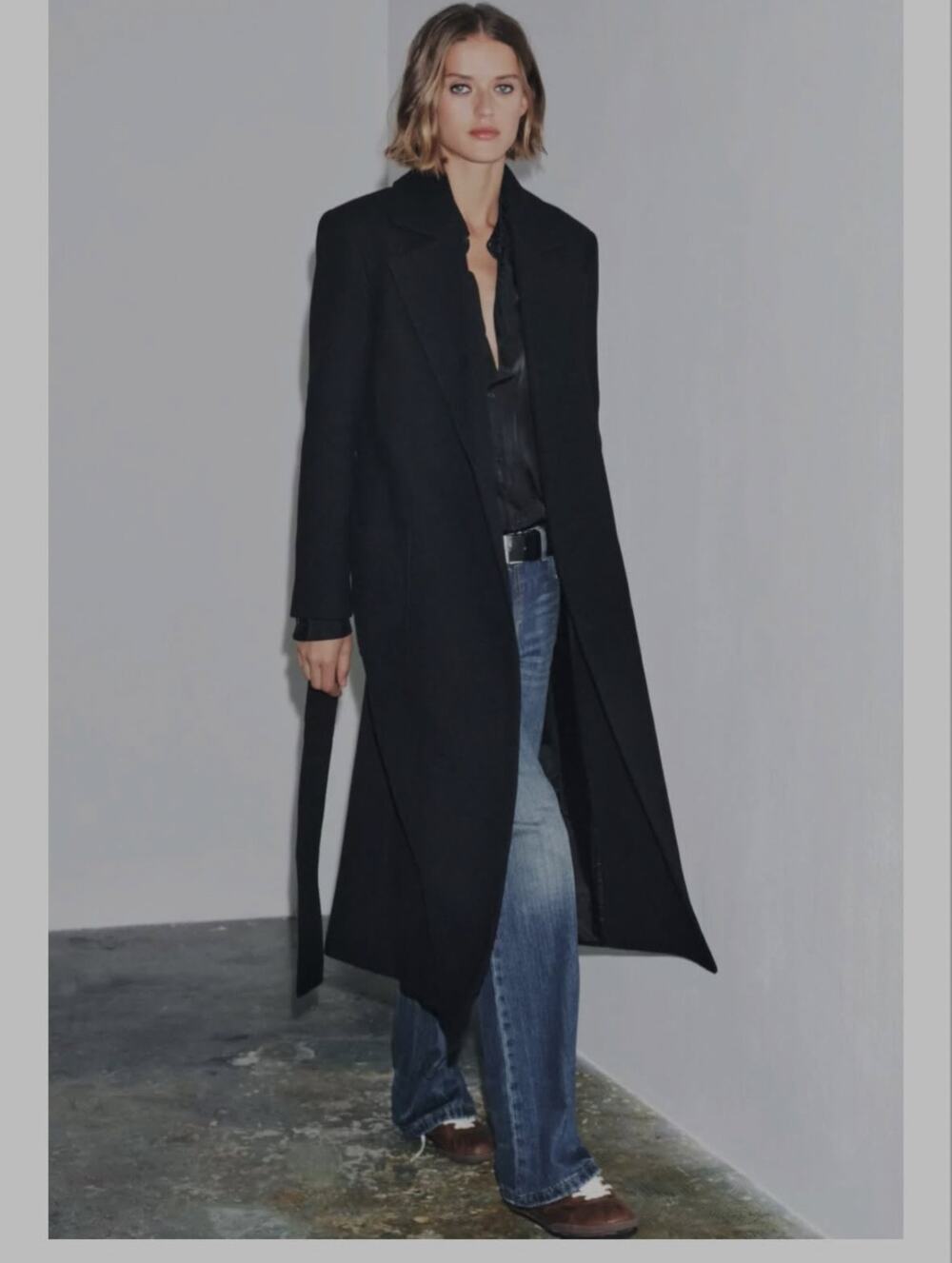 ZARA Manteco Premium Wool Black Wrap Belted Longline Trench Coat Size Small